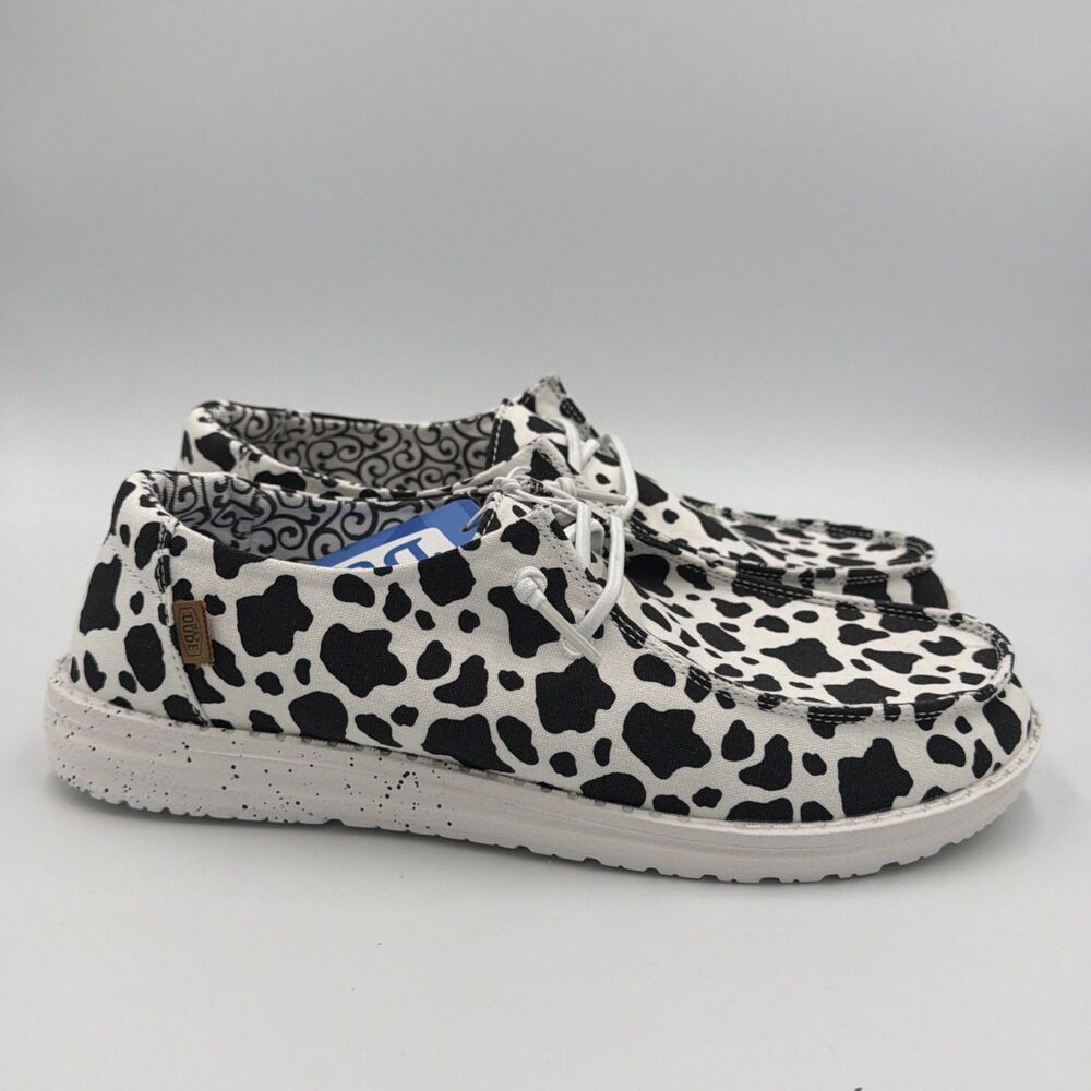 NWT Hey Dude Wendy 8 Milky Way Cow Print Black and White Slip On Shoes Loafers